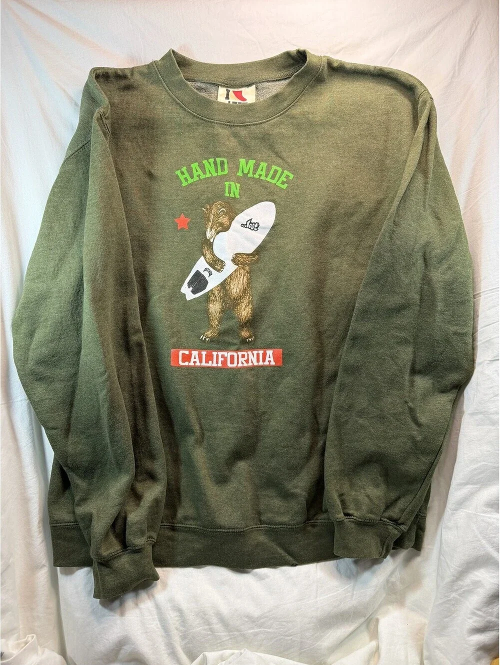 Lost Enterprises Crewneck Sweatshirt Mens Large Olive Green California Bear Surf